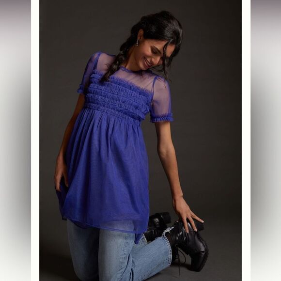 Anthropologie Dresses & Skirts - NWT Anthropologie Blue Tulle Smocked Mini Dress 18W